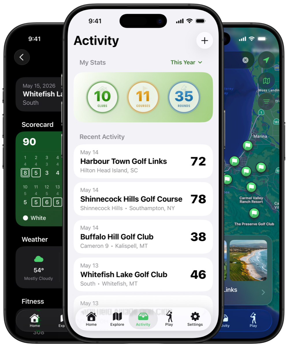 Next Shot activity screen showing played courses, scorecards, and golf round history