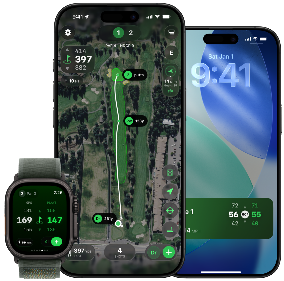 Next Shot range finder on iPhone, Apple Watch, and Lock Screen