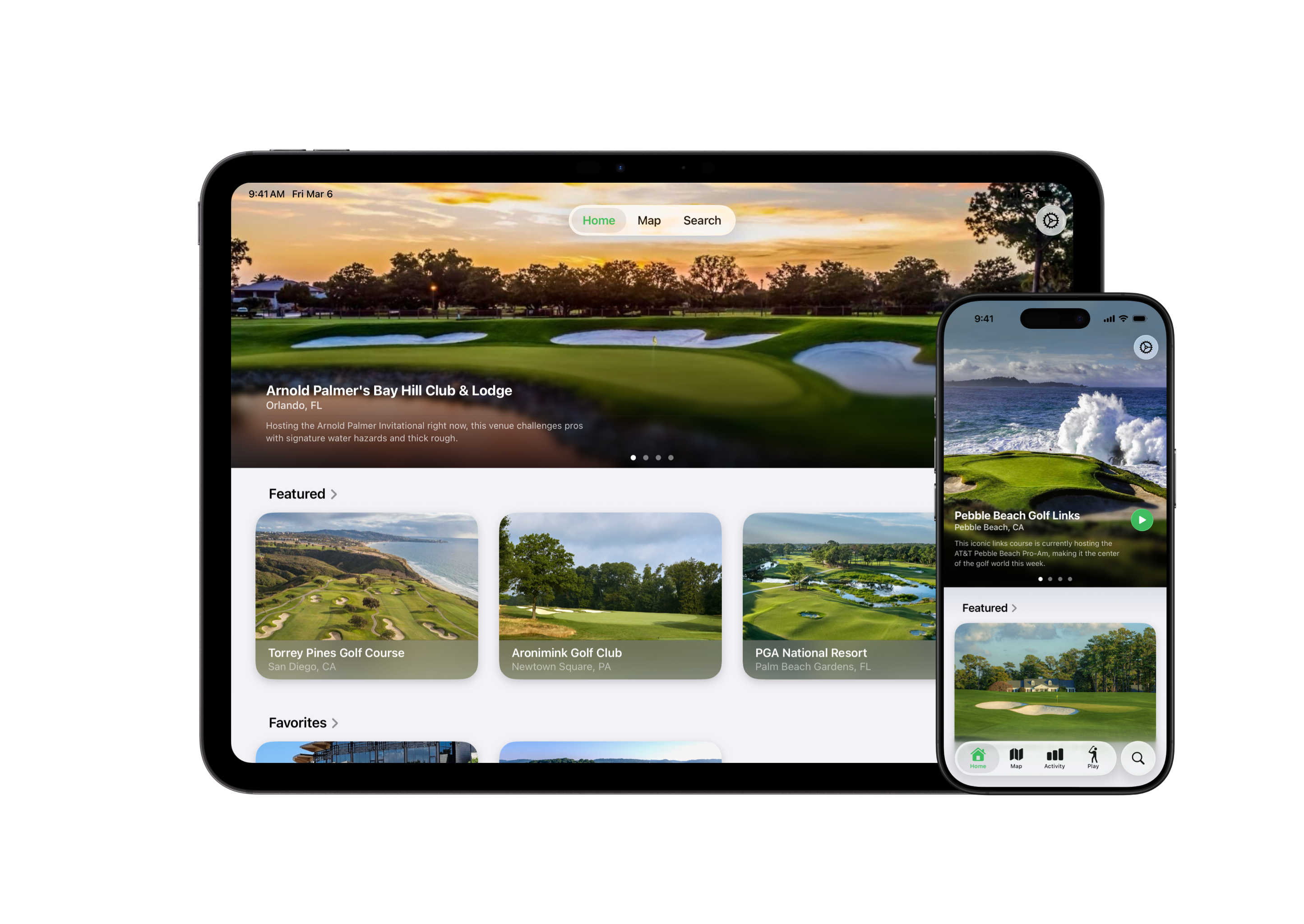 Next Shot course discovery and golf GPS screens on iPad and iPhone